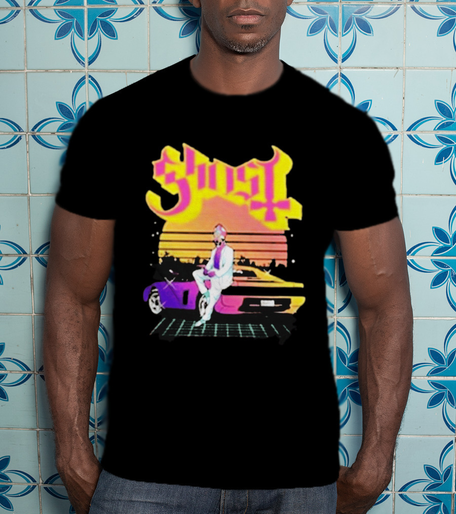 Ghost Miami Vice Retro Sunset Car Scene T-Shirt