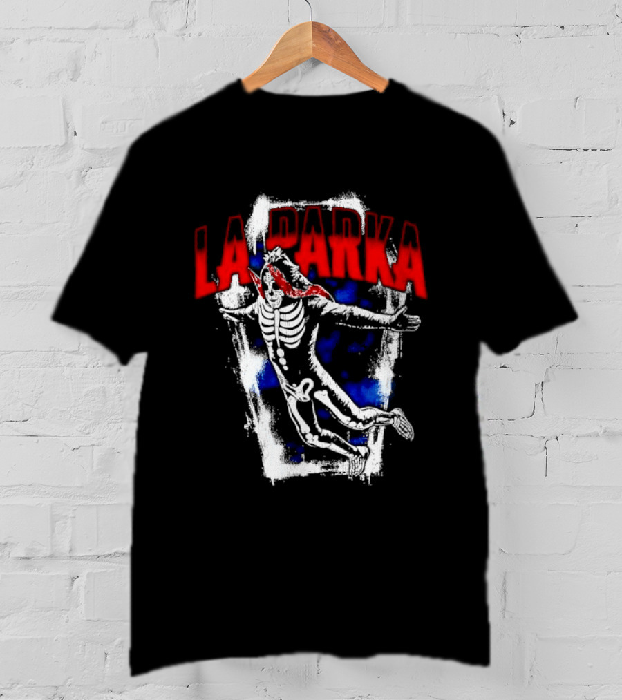 LA Parka Masked Skeleton Wrestler Jumping Distressed Frame T-Shirt