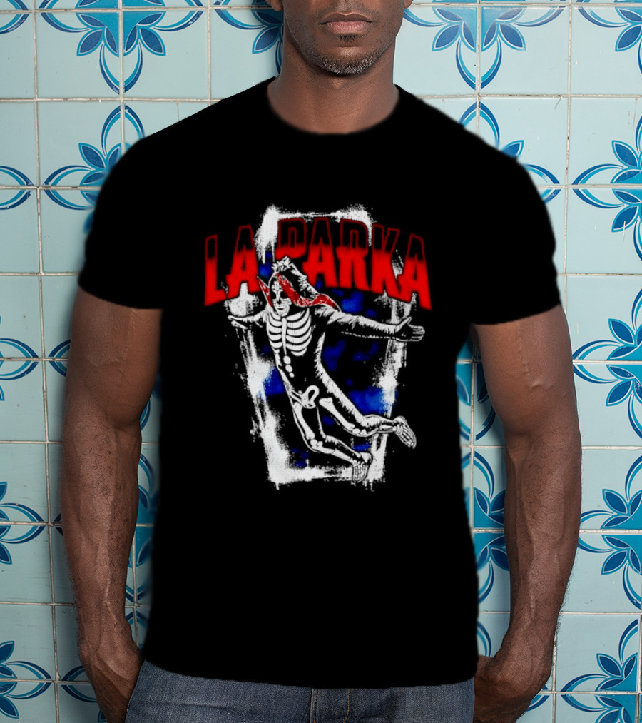 LA Parka Masked Skeleton Wrestler Jumping Distressed Frame T-Shirt