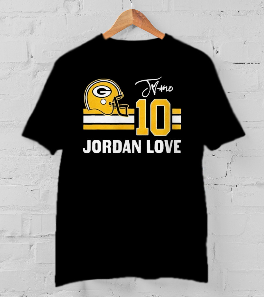 Green Bay Packers Jordan Love 10 Helmet Stripes JM Signature Distressed T-Shirt