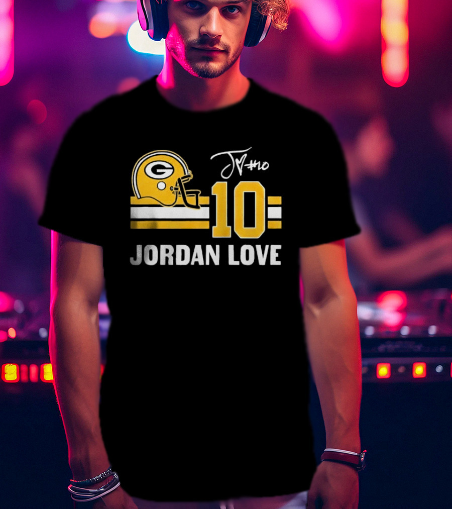 Green Bay Packers Jordan Love 10 Helmet Stripes JM Signature Distressed T-Shirt