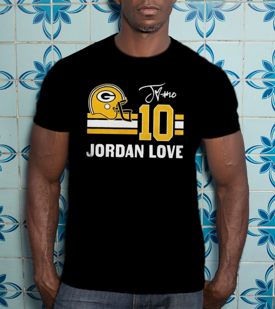 Green Bay Packers Jordan Love 10 Helmet Stripes JM Signature Distressed T-Shirt