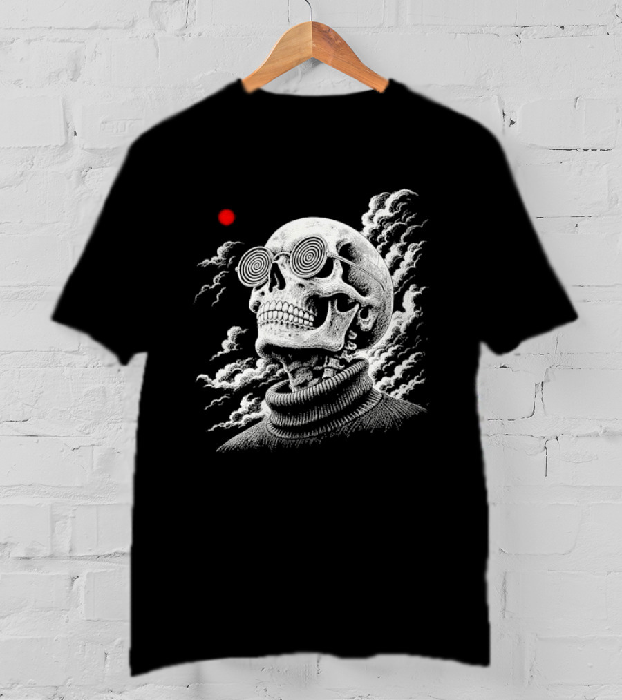 Line Skull Hypnotic Glasses Turtleneck Red Sun Clouds T-Shirt