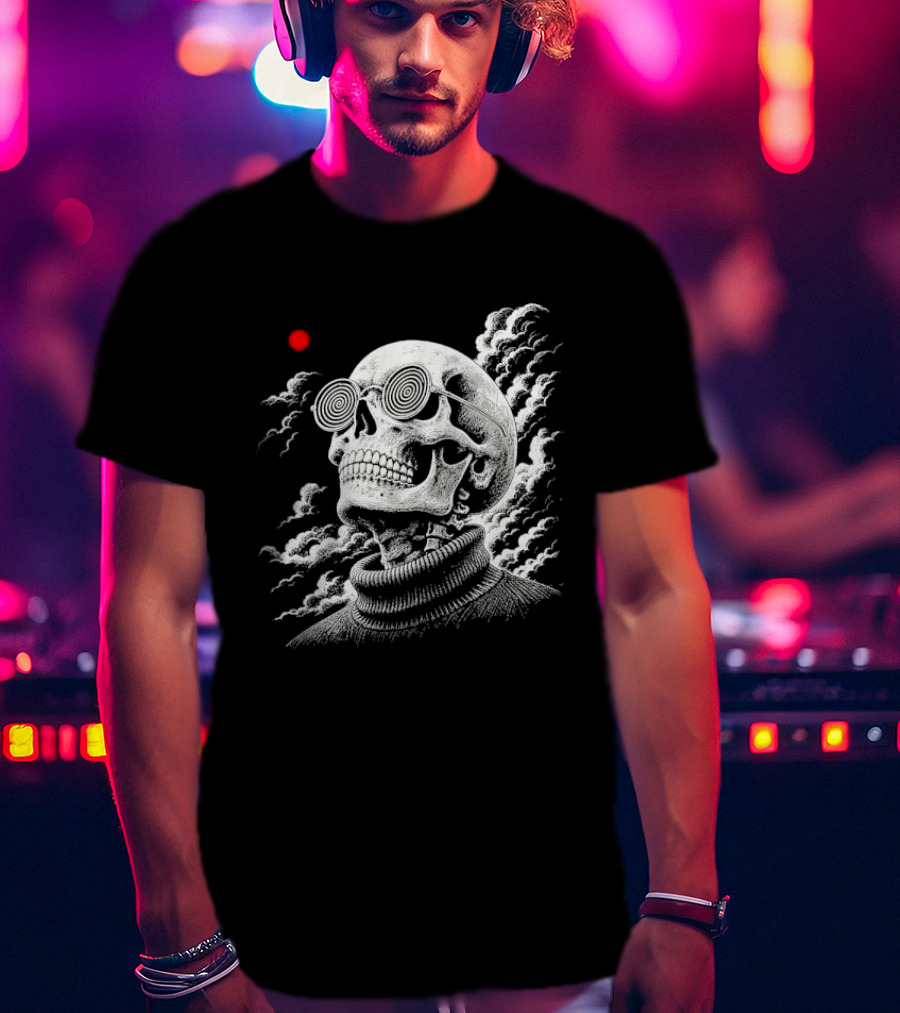 Line Skull Hypnotic Glasses Turtleneck Red Sun Clouds T-Shirt