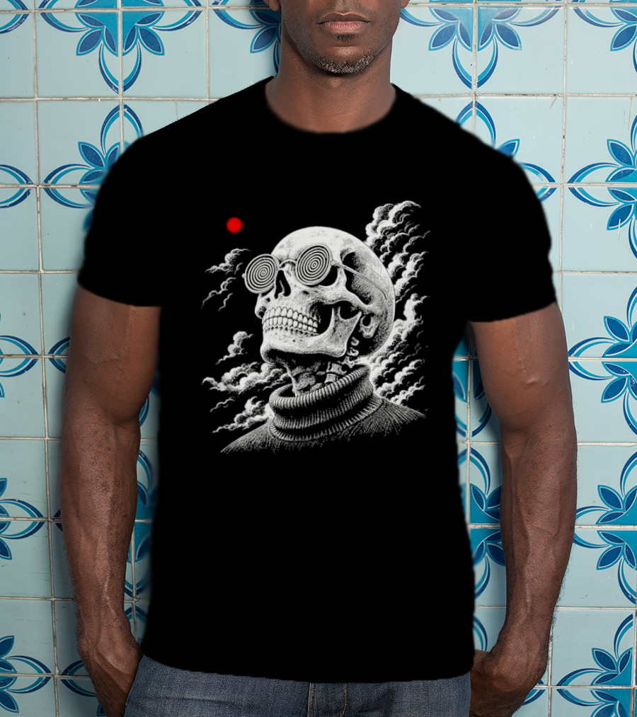 Line Skull Hypnotic Glasses Turtleneck Red Sun Clouds T-Shirt