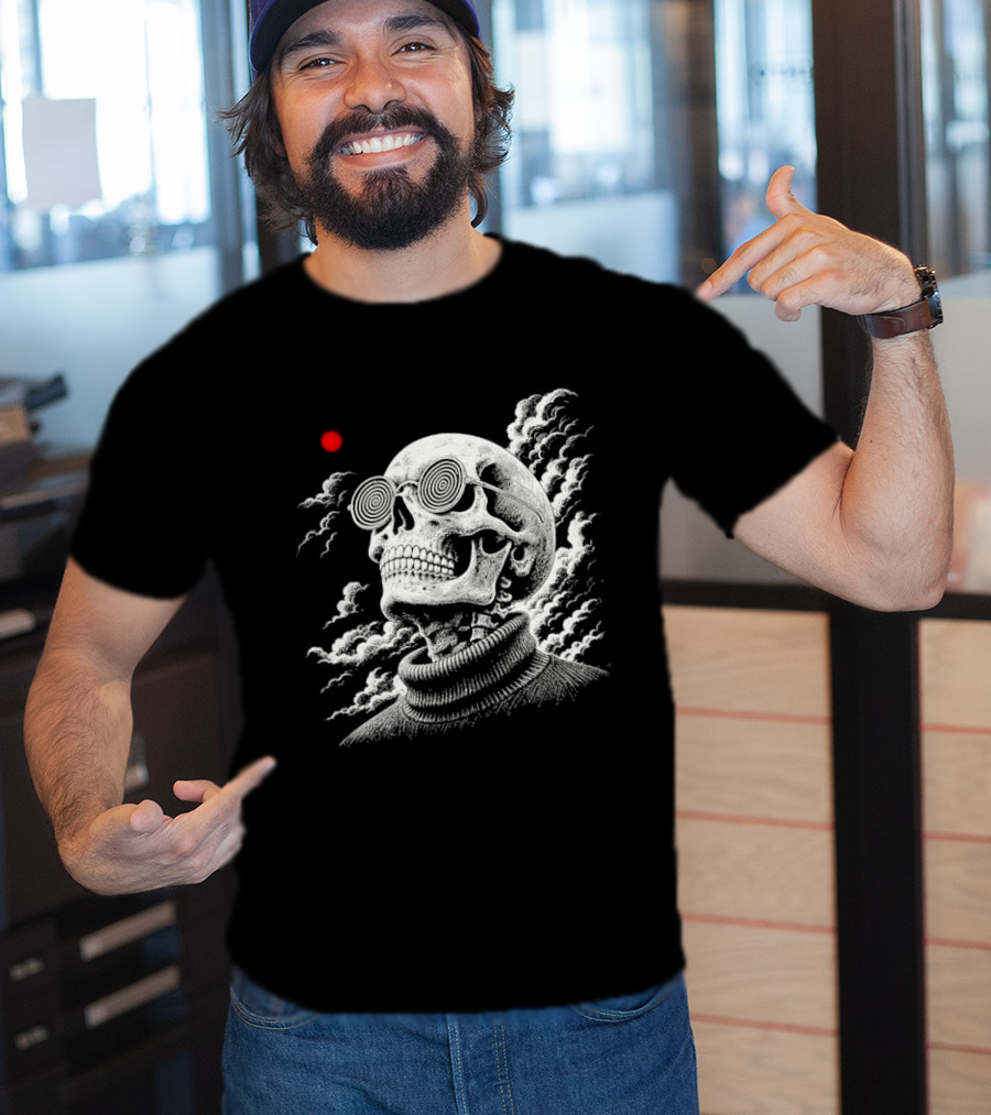 Line Skull Hypnotic Glasses Turtleneck Red Sun Clouds T-Shirt