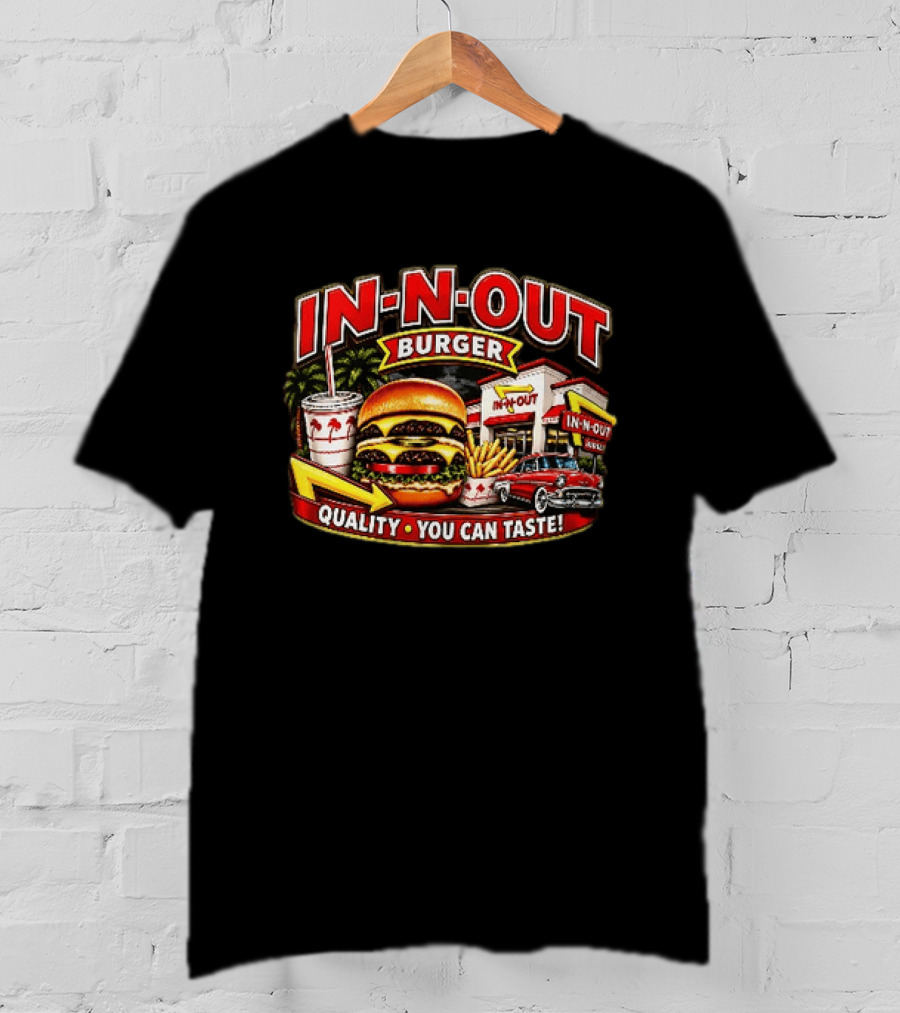 In N Out Burger Quality You Can Taste Palm Trees Classic Car Hamburger Fries Retro Restaurant Scene T-Shirt