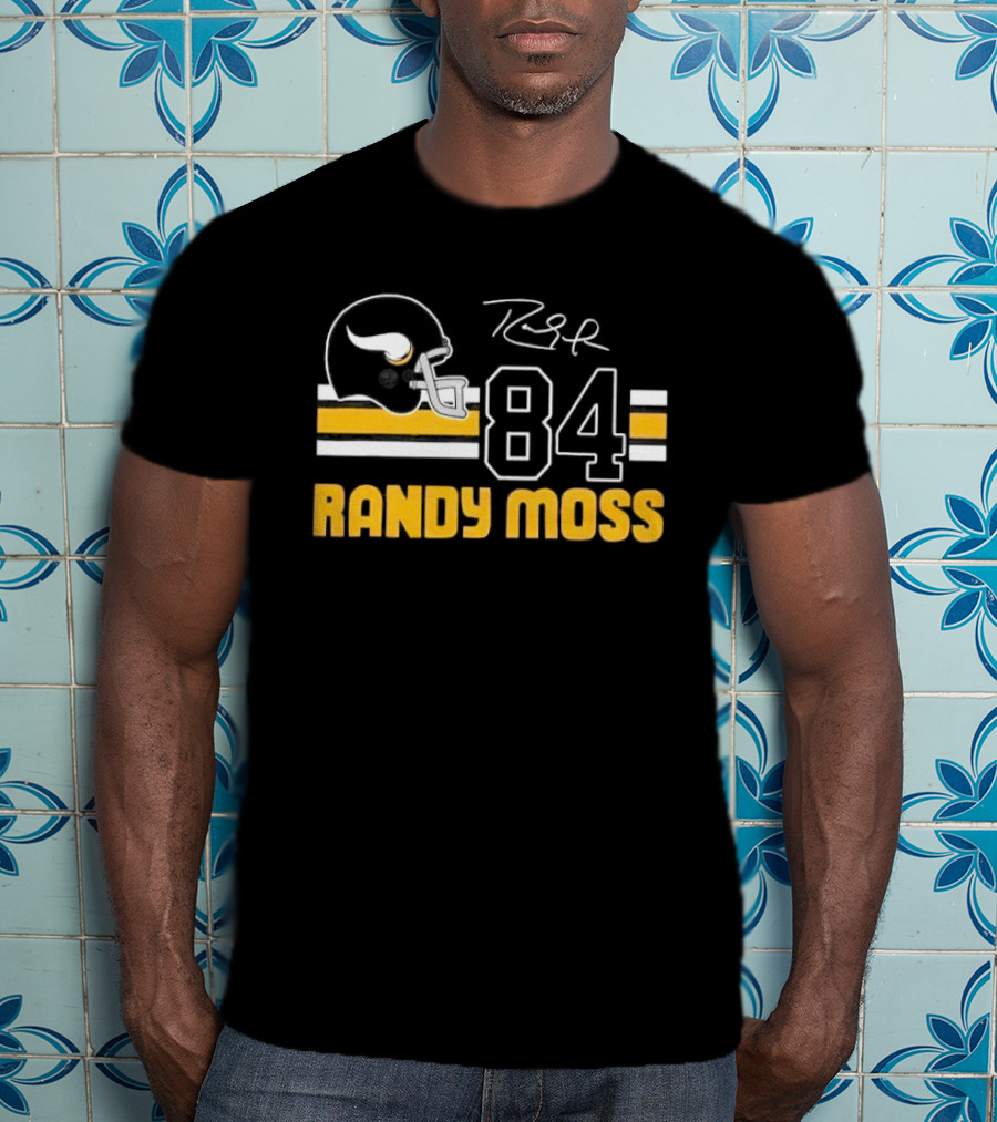 Randy Moss Minnesota Vikings 84 Helmet Stripes Autograph T-Shirt