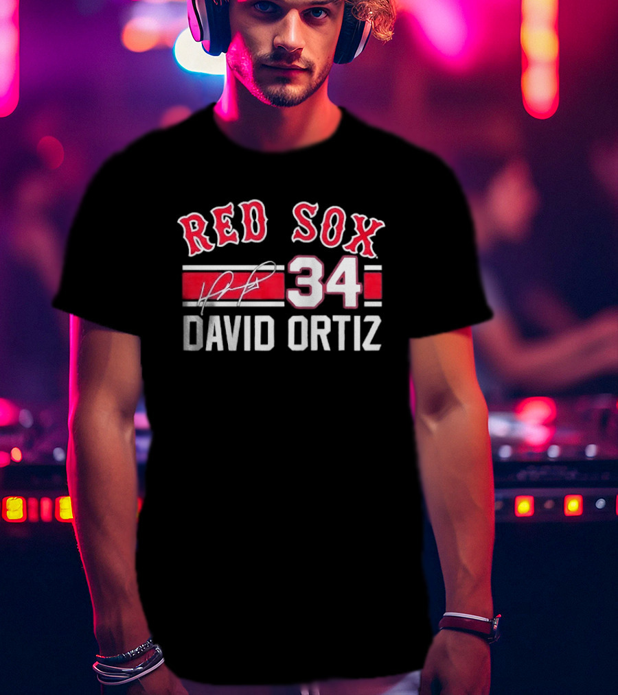 Red Sox MLB David Ortiz 34 White Stripes Distressed T-Shirt