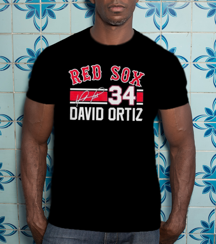 Red Sox MLB David Ortiz 34 White Stripes Distressed T-Shirt