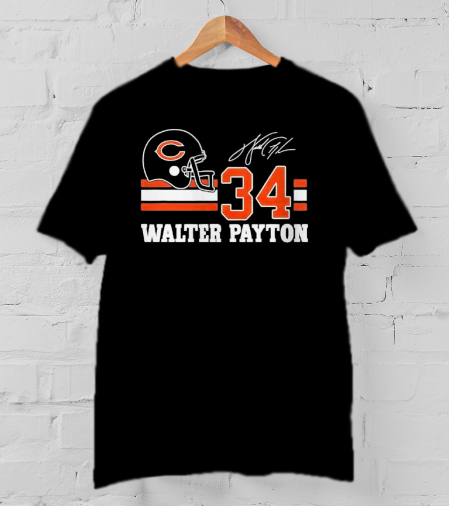 Chicago Bears Walter Payton 34 Distressed Helmet Stripes Signature T-Shirt