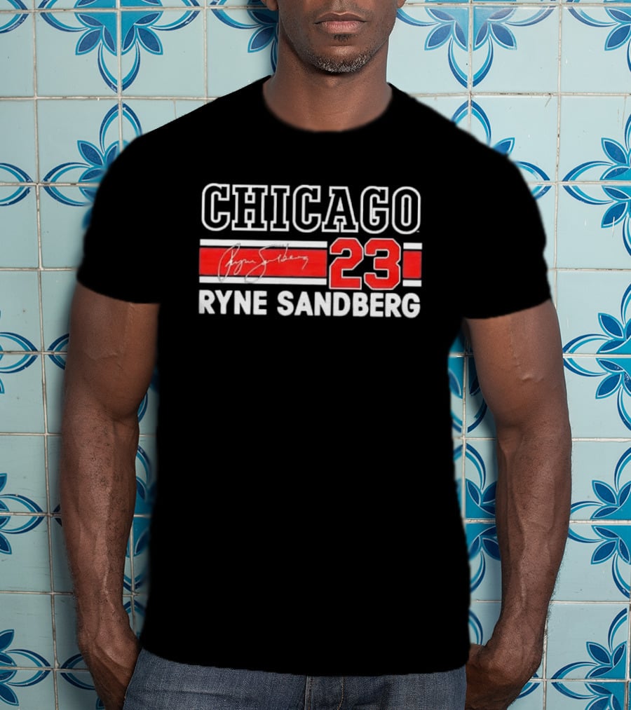Chicago Cubs Ryne Sandberg 23 Red White Horizontal Stripes Distressed T-Shirt