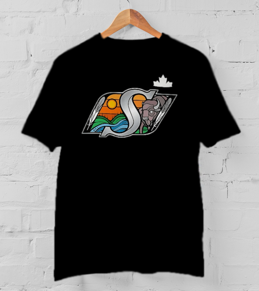 Saskatchewan Roughriders 2025 Indigenous Heritage Special Buffalo Sunrise Feather River T-Shirt