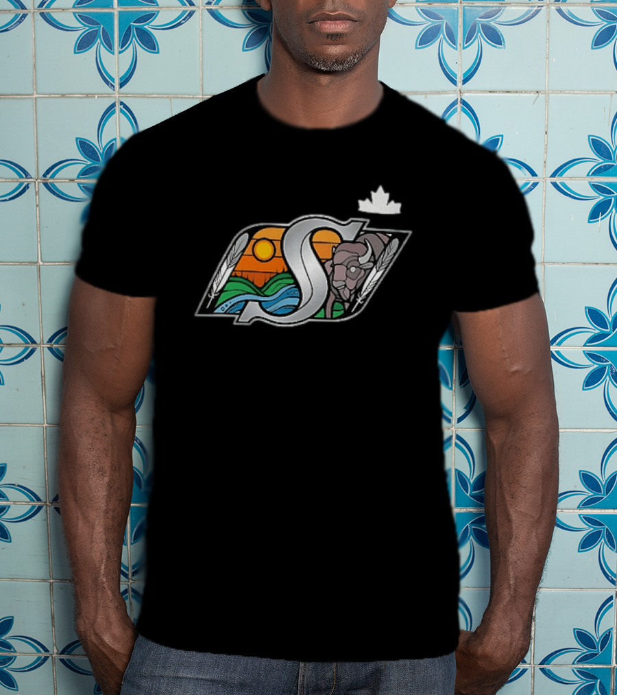Saskatchewan Roughriders 2025 Indigenous Heritage Special Buffalo Sunrise Feather River T-Shirt