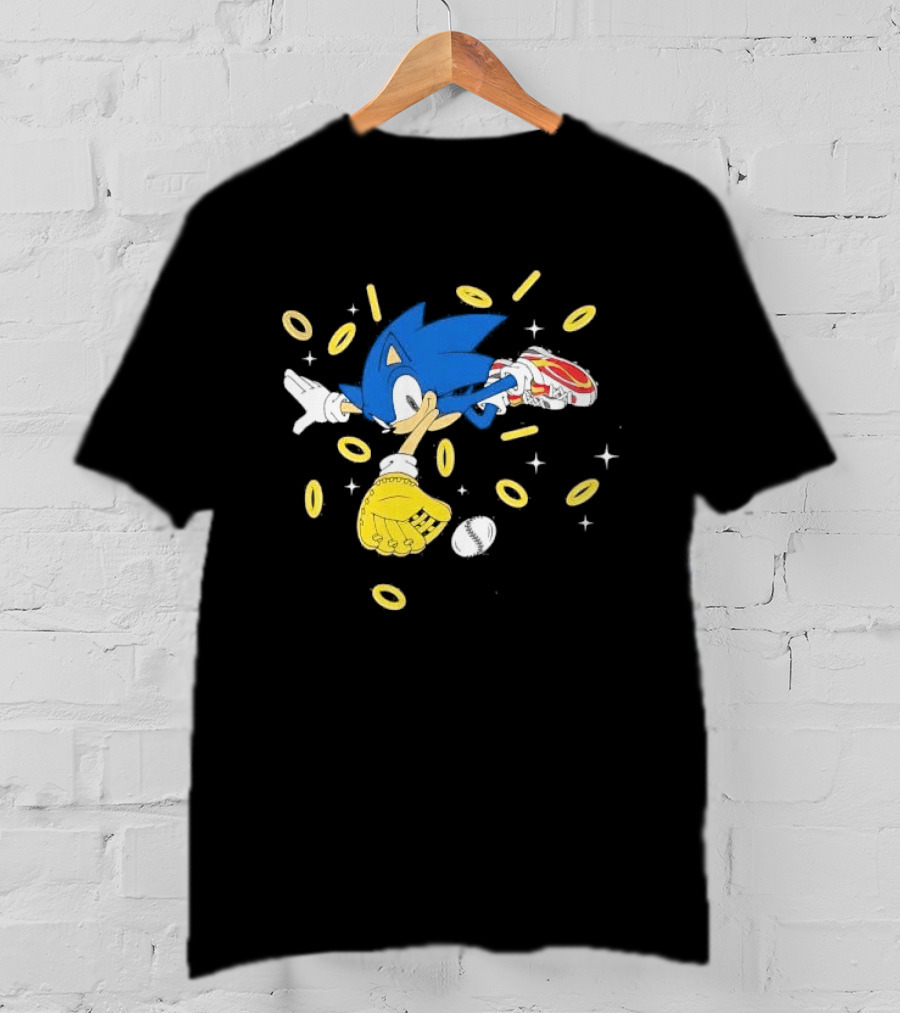 The Hedgehog Running Collecting Rings With Baseball Glove And Ball T-Shirt