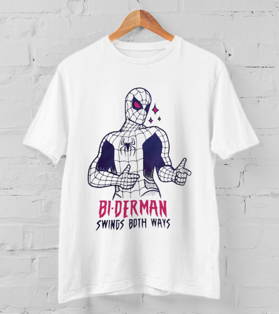Bi Derman Swings Both Ways Spider Man LGBTQ Superhero T-Shirt
