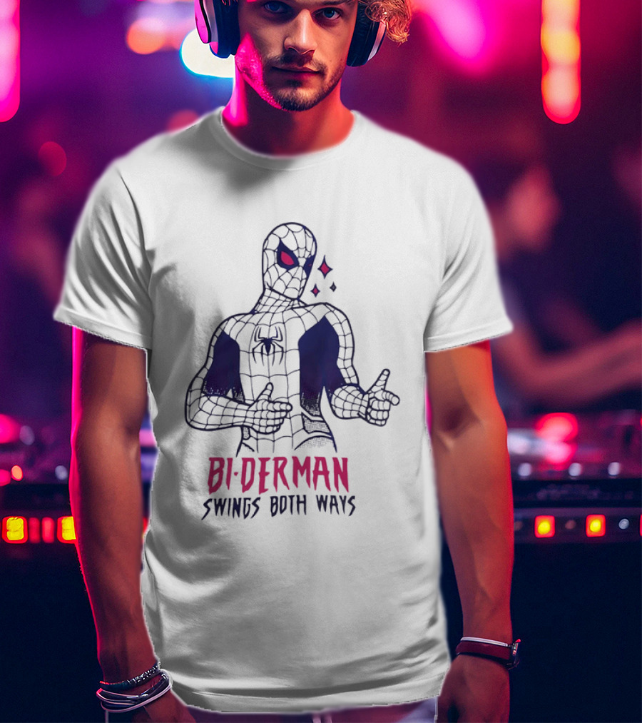 Bi Derman Swings Both Ways Spider Man LGBTQ Superhero T-Shirt