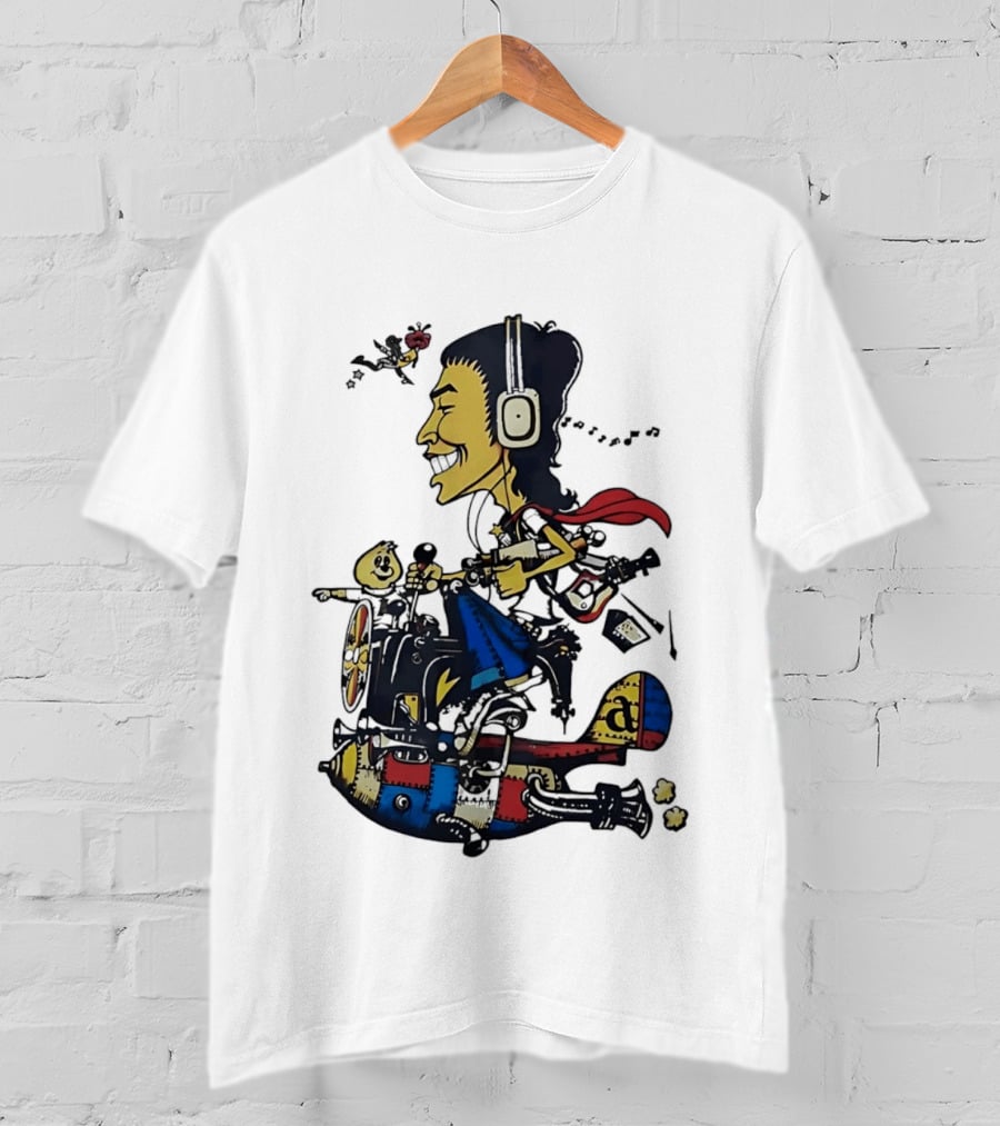 Cartoon Caricature Man With Headphones Riding Flying Rocket Airplane T-Shirt