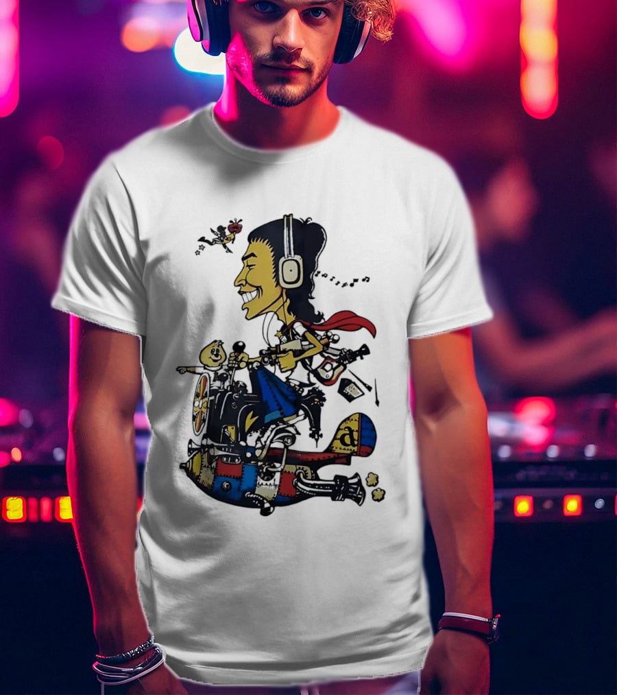 Cartoon Caricature Man With Headphones Riding Flying Rocket Airplane T-Shirt