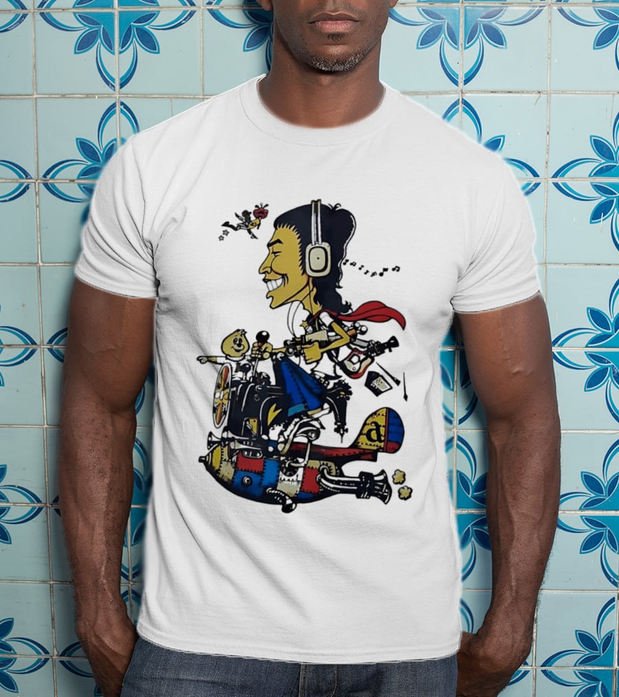 Cartoon Caricature Man With Headphones Riding Flying Rocket Airplane T-Shirt