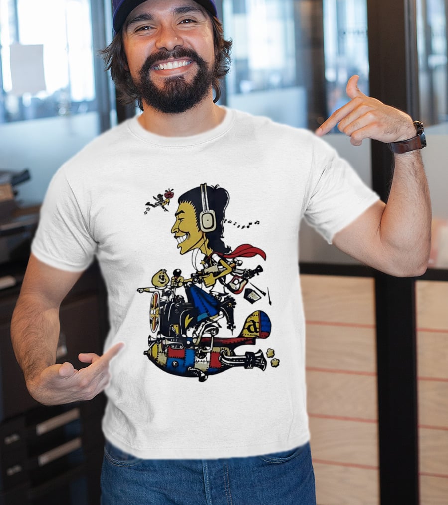 Cartoon Caricature Man With Headphones Riding Flying Rocket Airplane T-Shirt