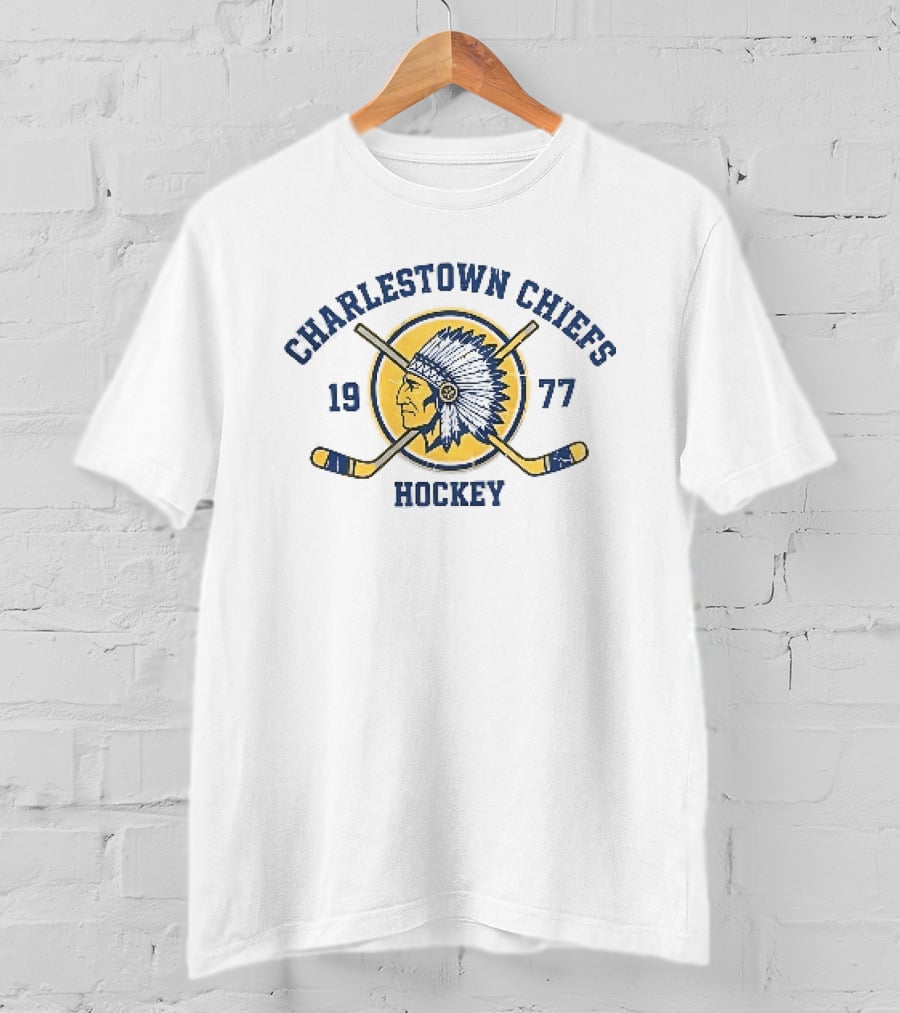 Charlestown Chiefs 1977 Hockey Team Logo With Vintage Native American Head And Crossed Hockey Sticks T-Shirt
