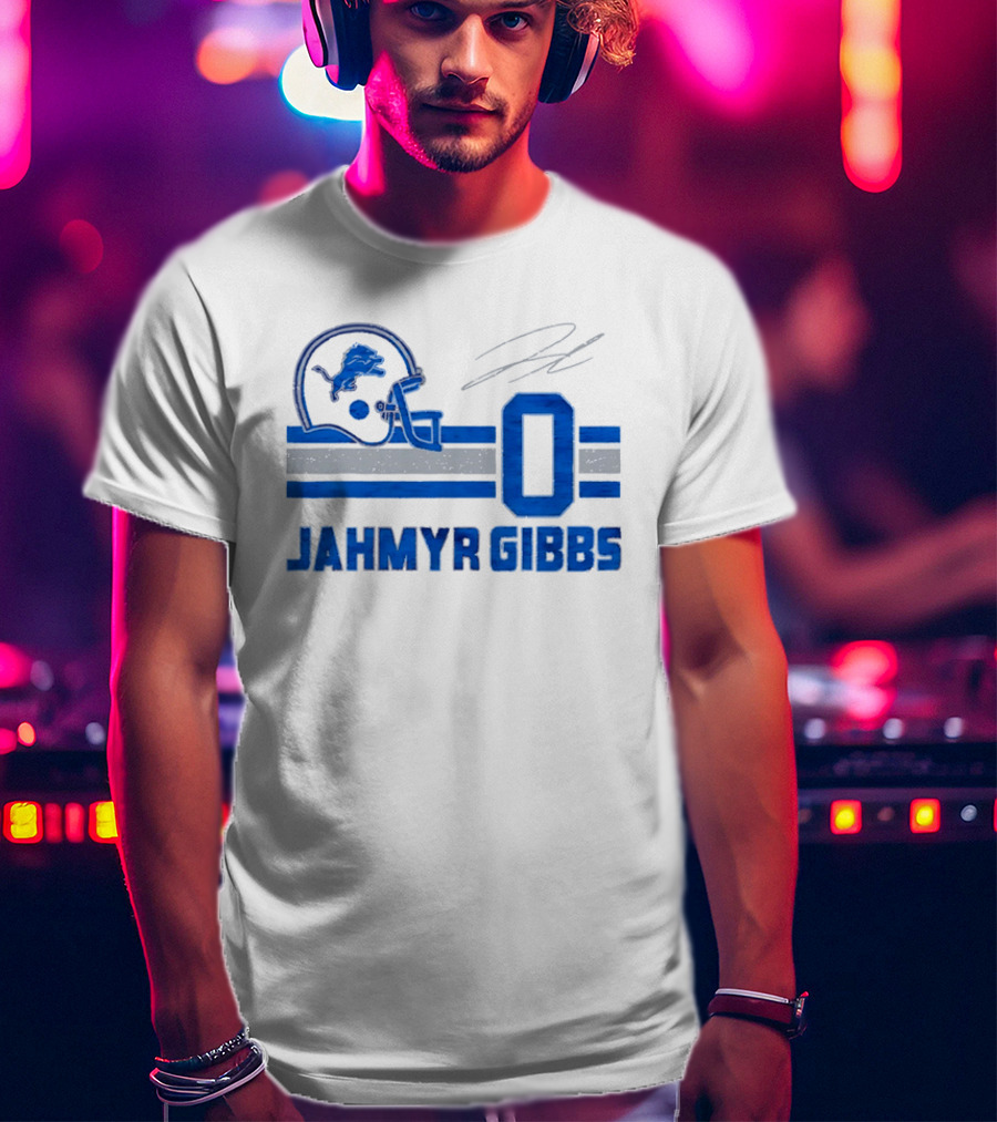 Detroit Lions Jahmyr Gibbs Zero Helmet Number Stripes Distressed T-Shirt