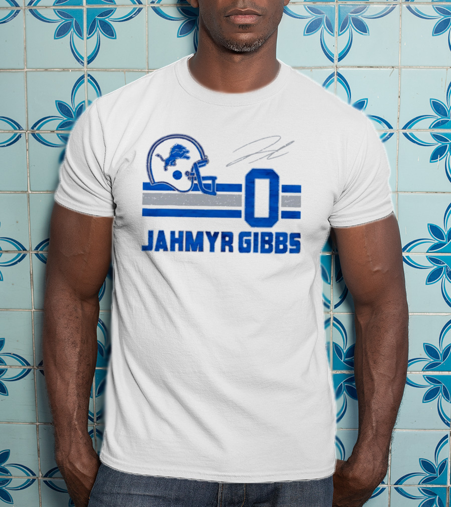 Detroit Lions Jahmyr Gibbs Zero Helmet Number Stripes Distressed T-Shirt