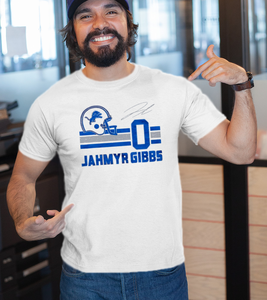 Detroit Lions Jahmyr Gibbs Zero Helmet Number Stripes Distressed T-Shirt