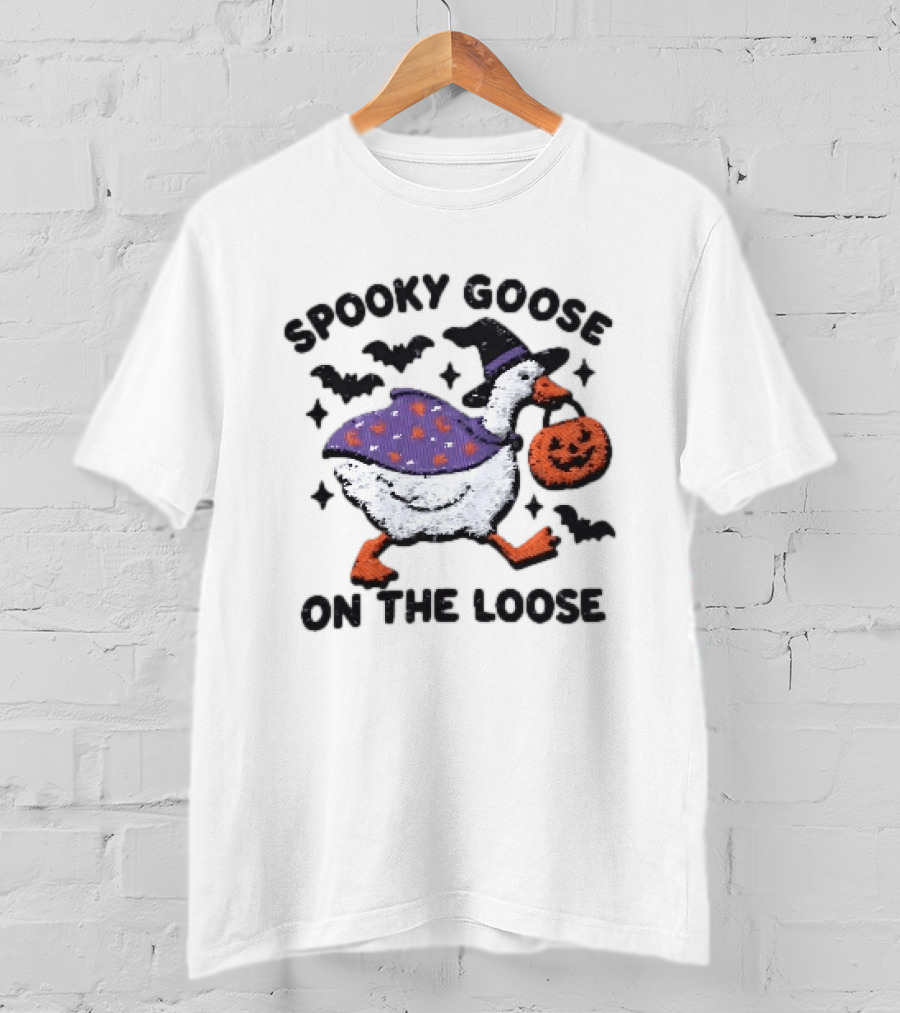 Spooky Goose On The Loose Halloween Embroidered T-Shirt