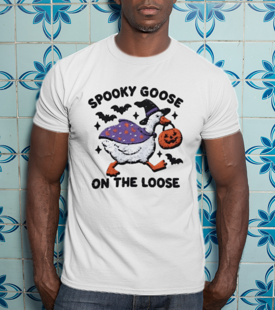 Spooky Goose On The Loose Halloween Embroidered T-Shirt