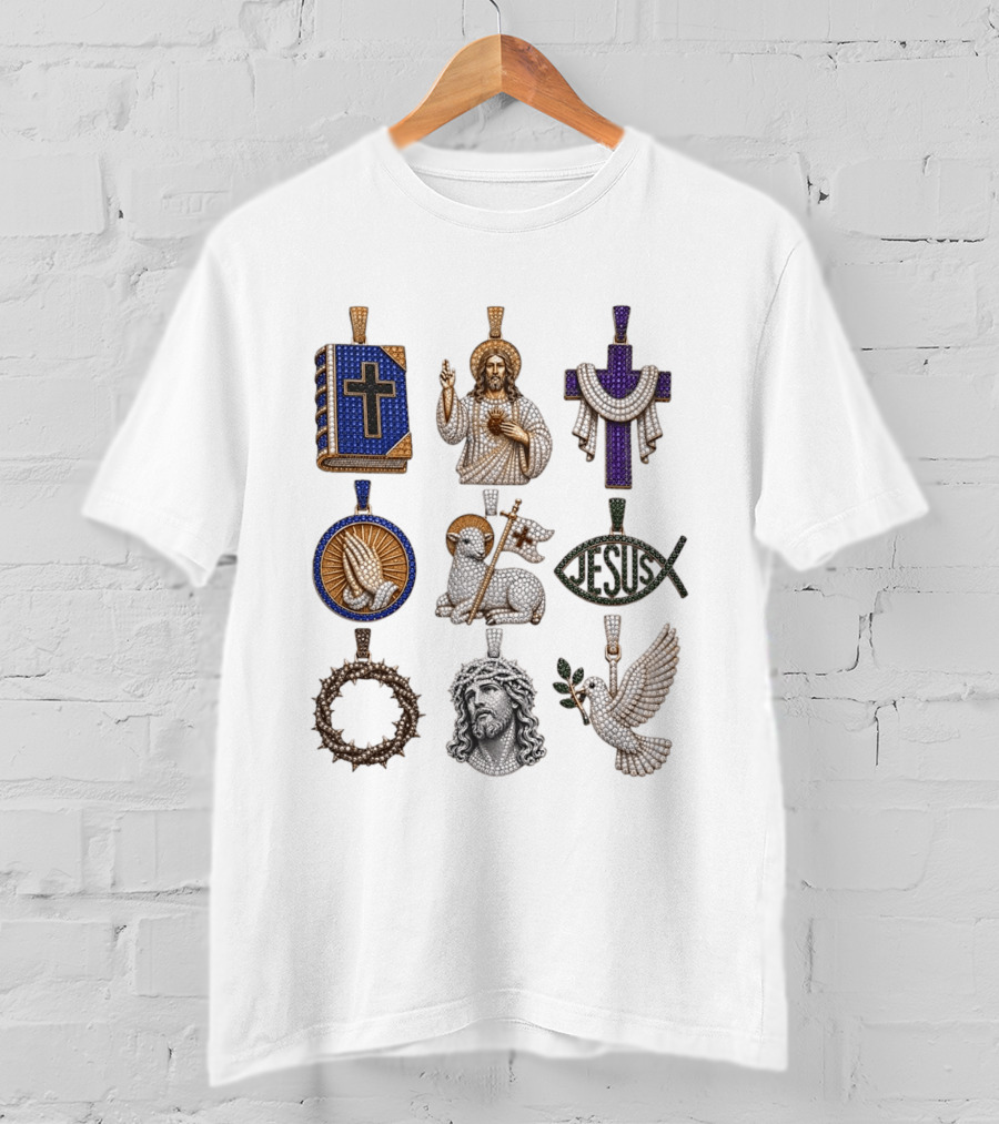 Jesus Cross Bible Lamb Fish Dove Crown Praying Hands Gemstone Pendants Collection T-Shirt