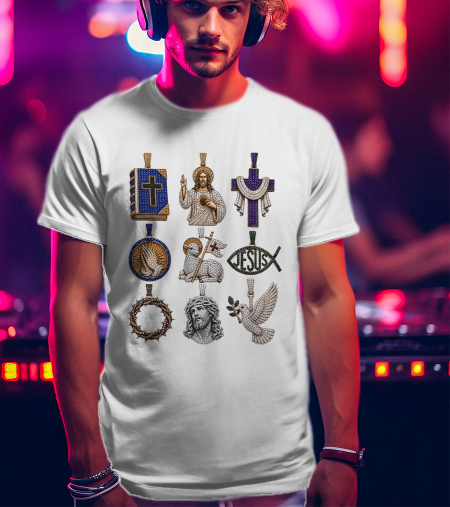 Jesus Cross Bible Lamb Fish Dove Crown Praying Hands Gemstone Pendants Collection T-Shirt