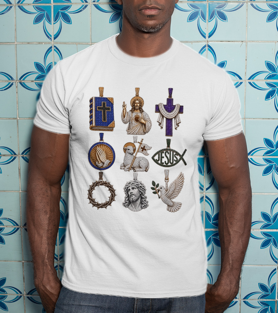 Jesus Cross Bible Lamb Fish Dove Crown Praying Hands Gemstone Pendants Collection T-Shirt