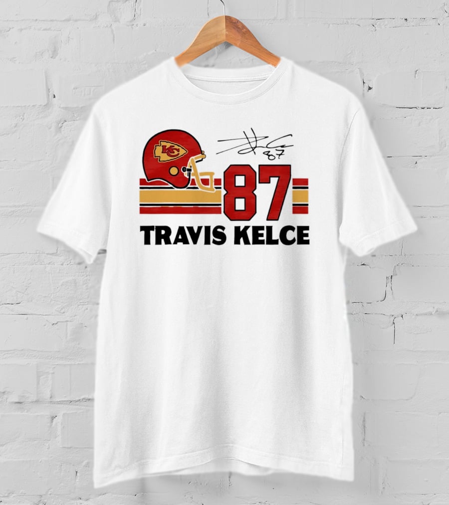 Kansas City Chiefs Travis Kelce 87 Red Gold Helmet Stripes T-Shirt