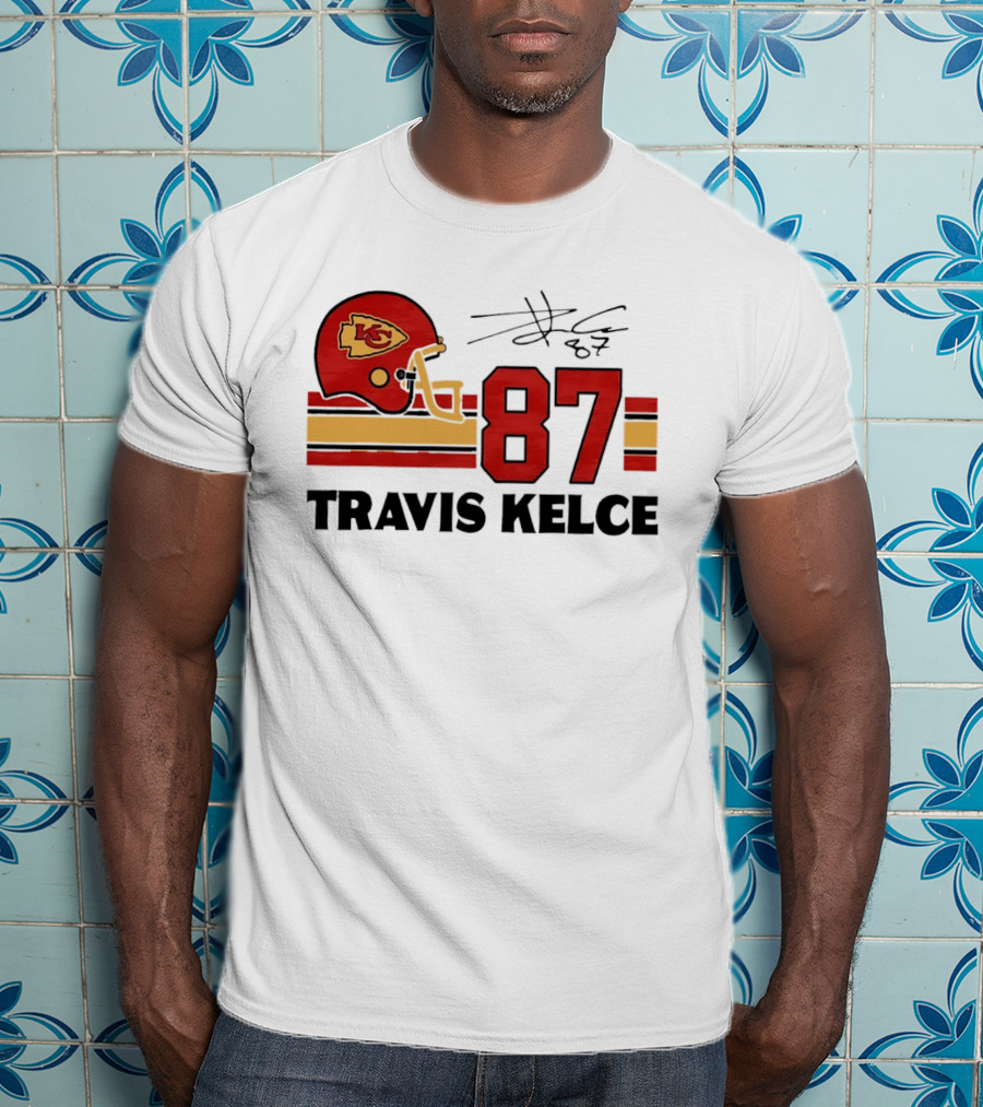 Kansas City Chiefs Travis Kelce 87 Red Gold Helmet Stripes T-Shirt