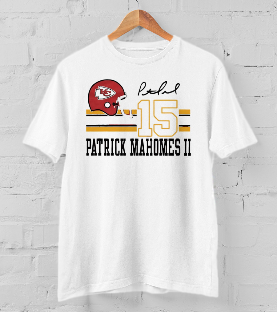 Kansas City Chiefs Patrick Mahomes II Number 15 Signature Football Helmet Stripes T-Shirt