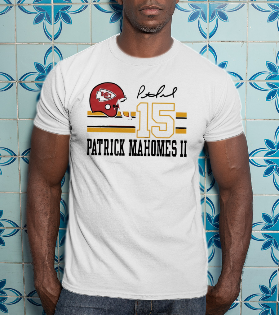 Kansas City Chiefs Patrick Mahomes II Number 15 Signature Football Helmet Stripes T-Shirt