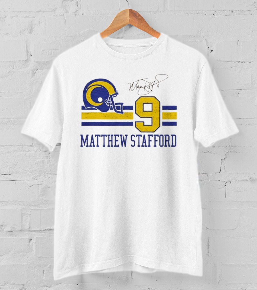 Los Angeles Rams Matthew Stafford Helmet Autograph Number 9 Blue Yellow Stripes T-Shirt