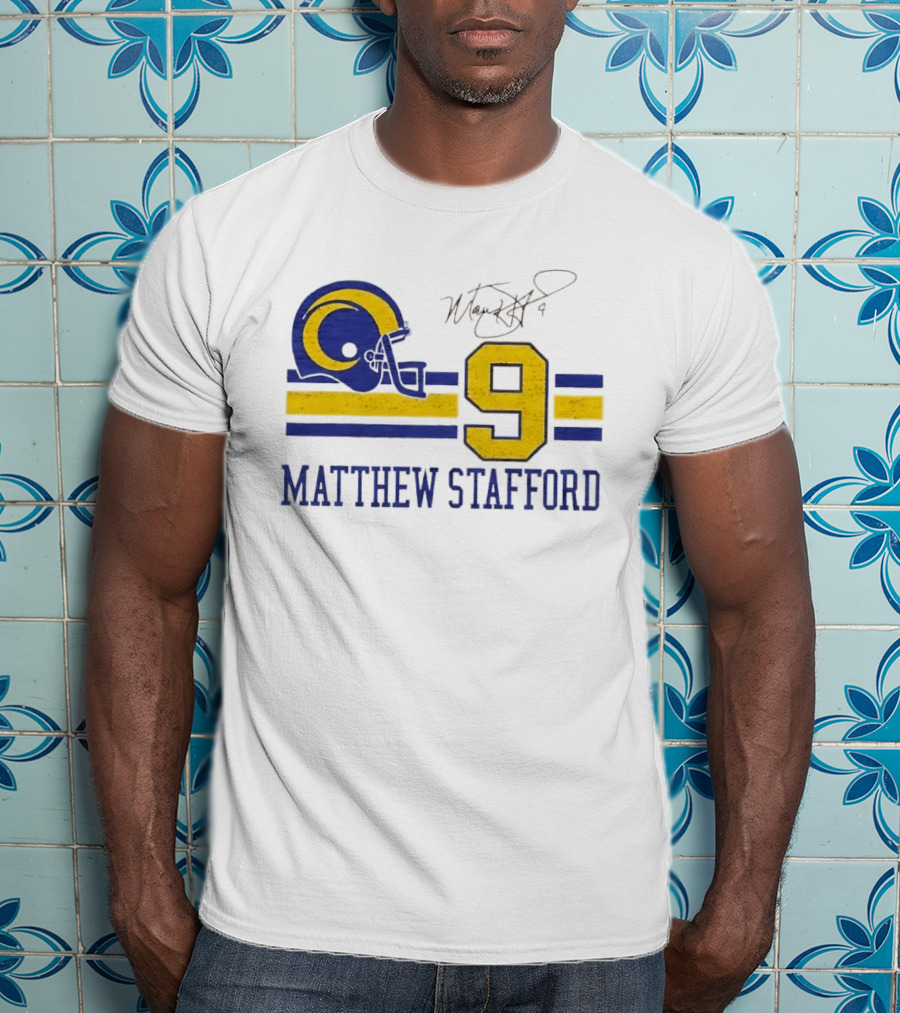 Los Angeles Rams Matthew Stafford Helmet Autograph Number 9 Blue Yellow Stripes T-Shirt