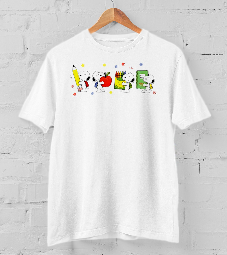 Peanuts Snoopy Cartoon Characters With School Supplies Pencil Apple Crayons Notebook T-Shirt