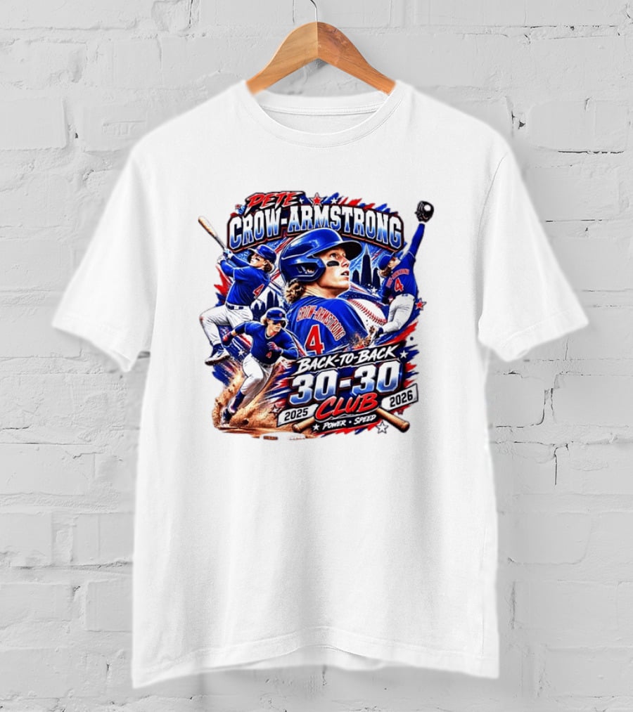 Pete Crow Armstrong Back To Back 30 30 Club 2025 2026 Power Speed Chicago Baseball Action Skyline T-Shirt