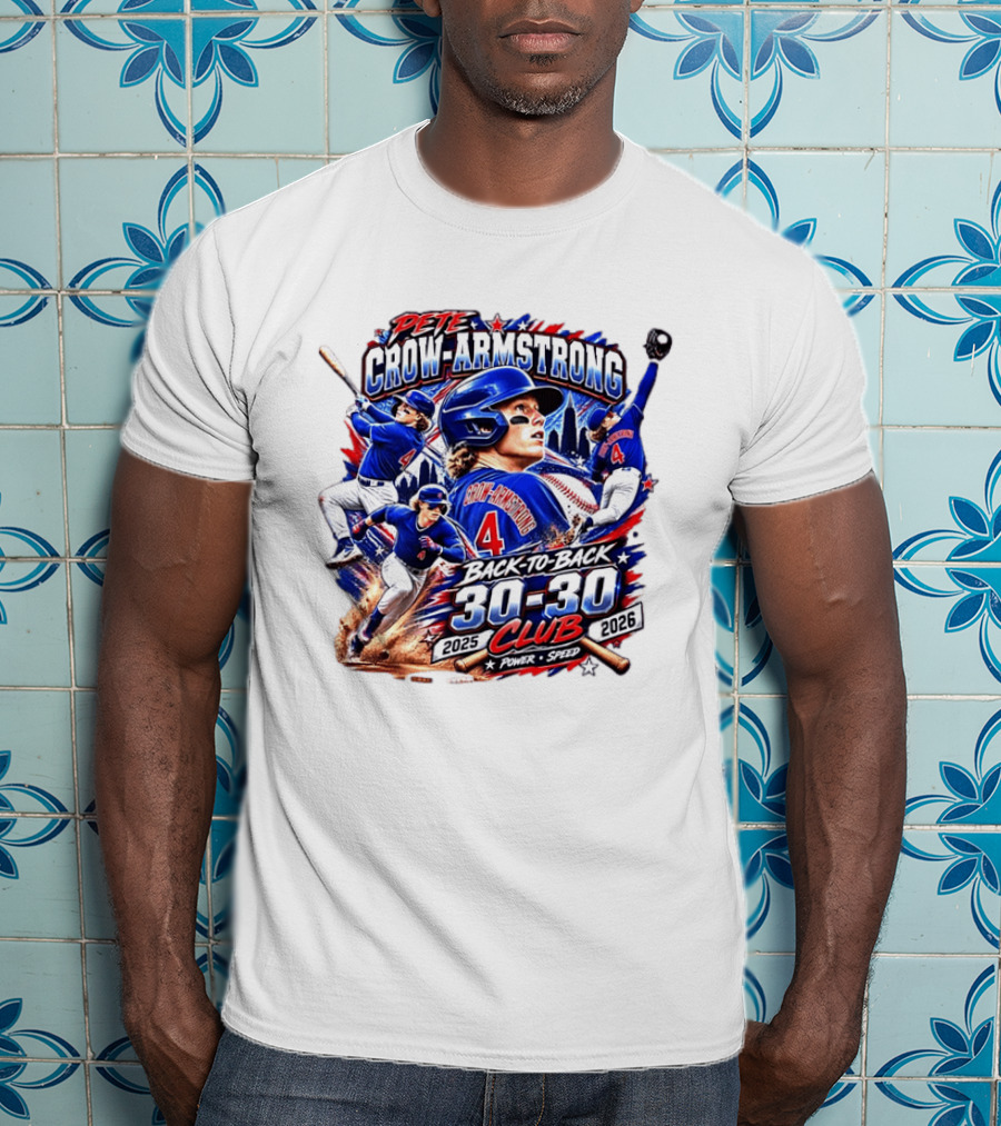 Pete Crow Armstrong Back To Back 30 30 Club 2025 2026 Power Speed Chicago Baseball Action Skyline T-Shirt