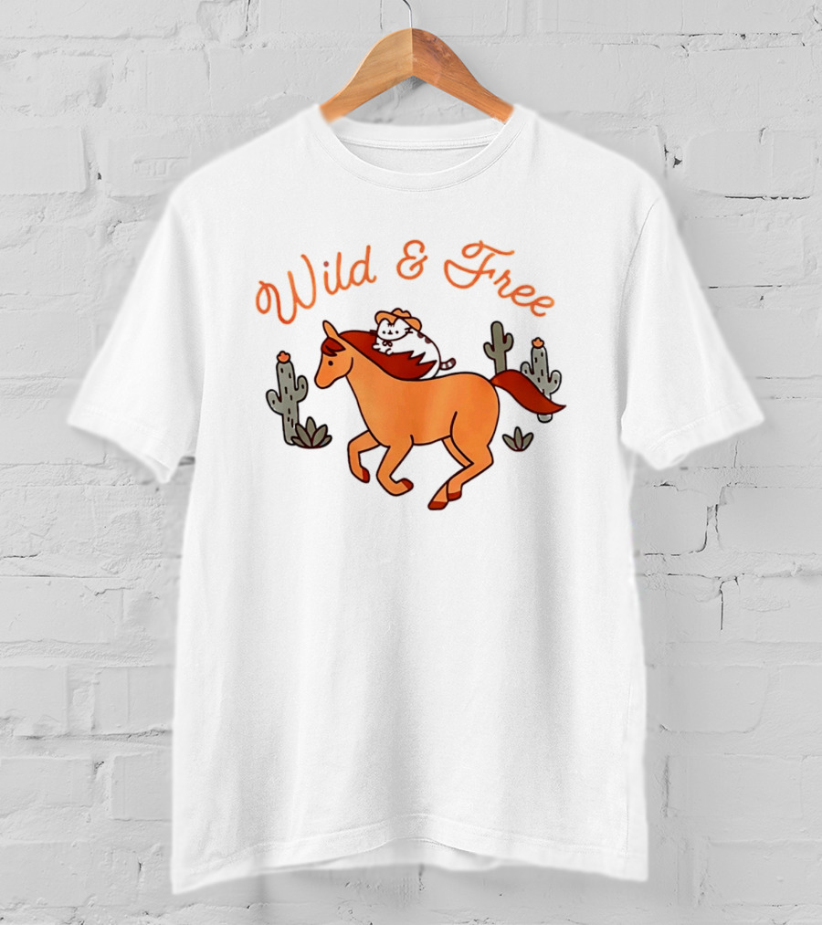 Wild And Free Cartoon Cowboy Cat Galloping Horse Cactus Scene T-Shirt