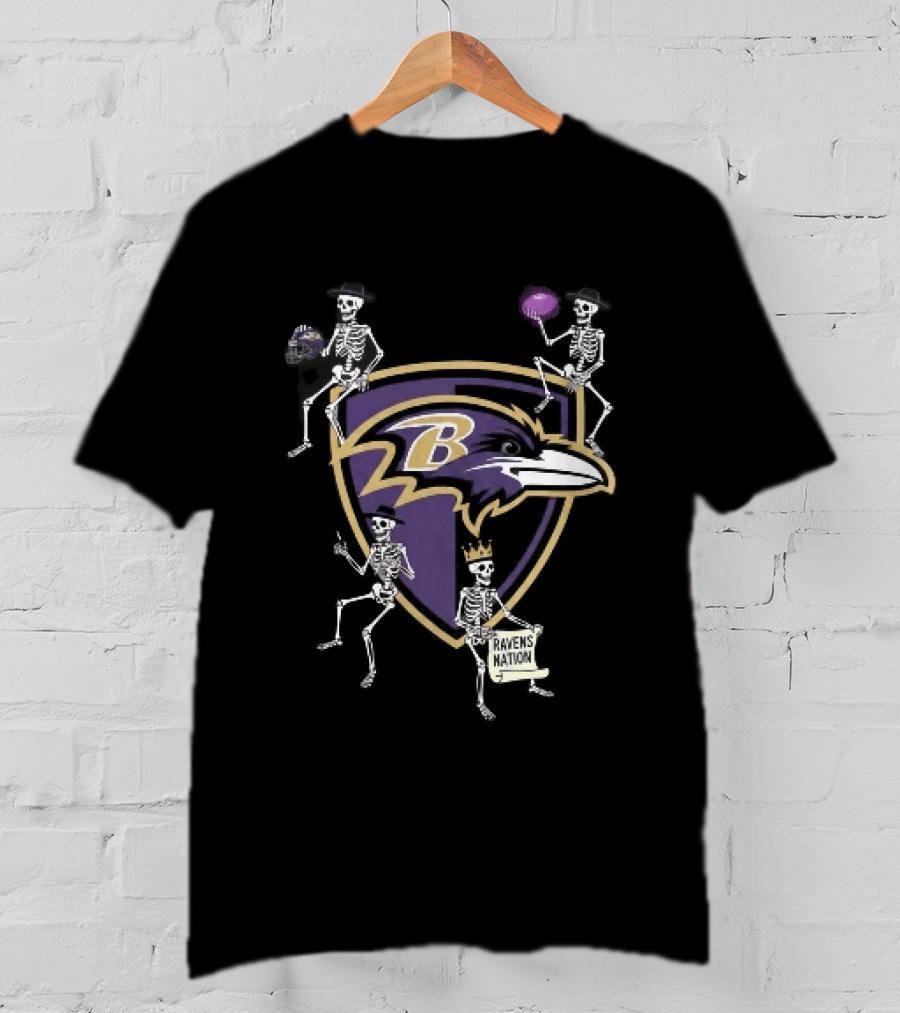 Baltimore Ravens Nation Skeletons Football Helmet Shield Ravens Logo Halloween T-Shirt