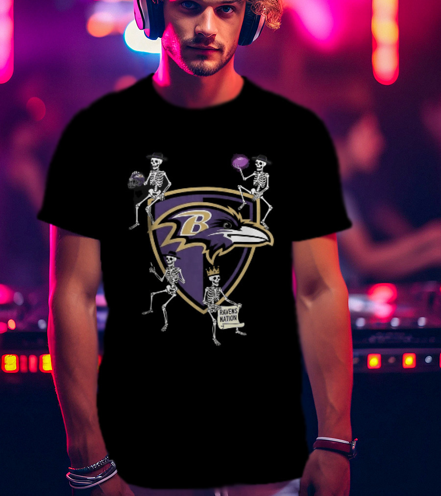 Baltimore Ravens Nation Skeletons Football Helmet Shield Ravens Logo Halloween T-Shirt
