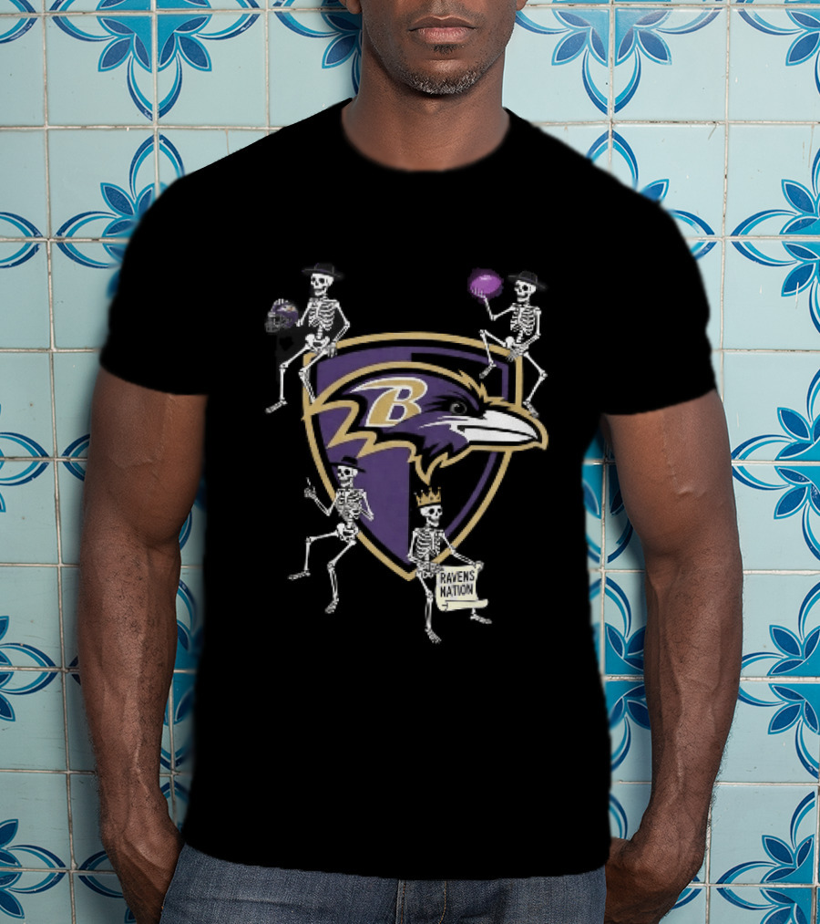 Baltimore Ravens Nation Skeletons Football Helmet Shield Ravens Logo Halloween T-Shirt