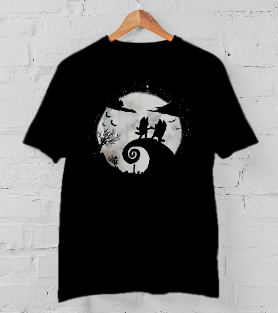 Bluey And Bingo Halloween Mashup With Iconic Moonlit Hill Scene T-Shirt