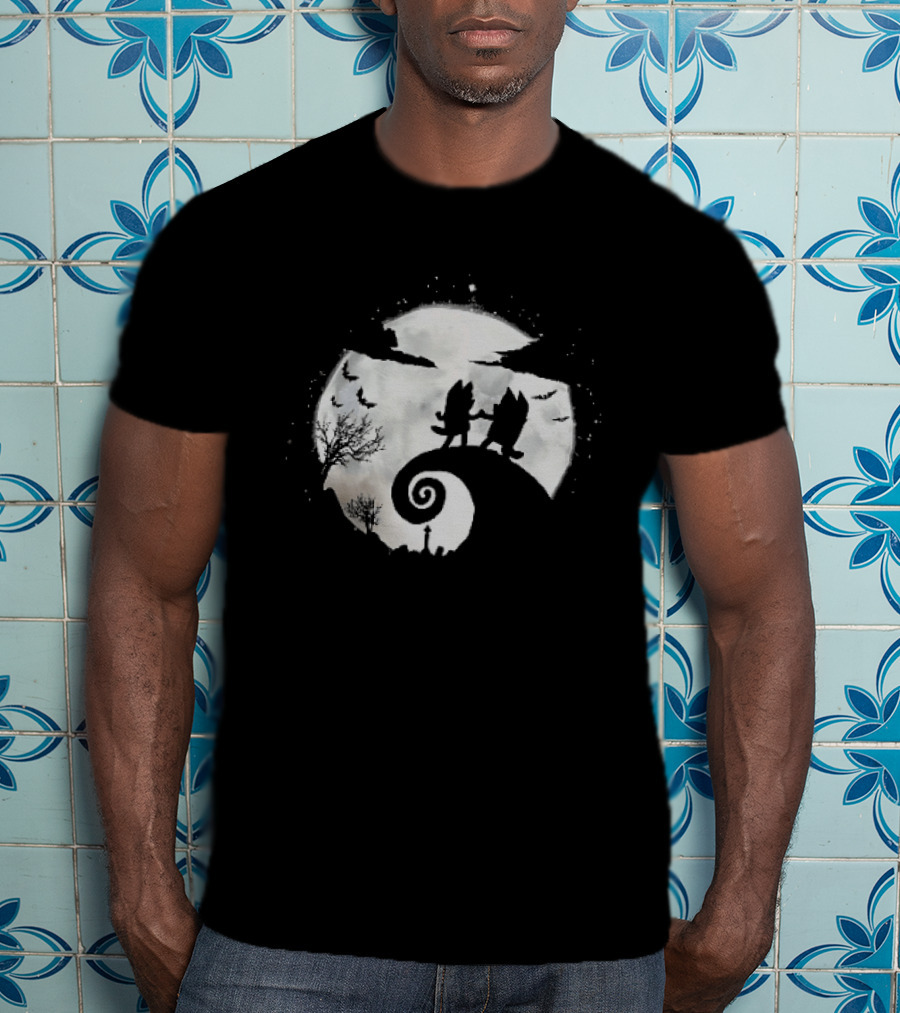Bluey And Bingo Halloween Mashup With Iconic Moonlit Hill Scene T-Shirt