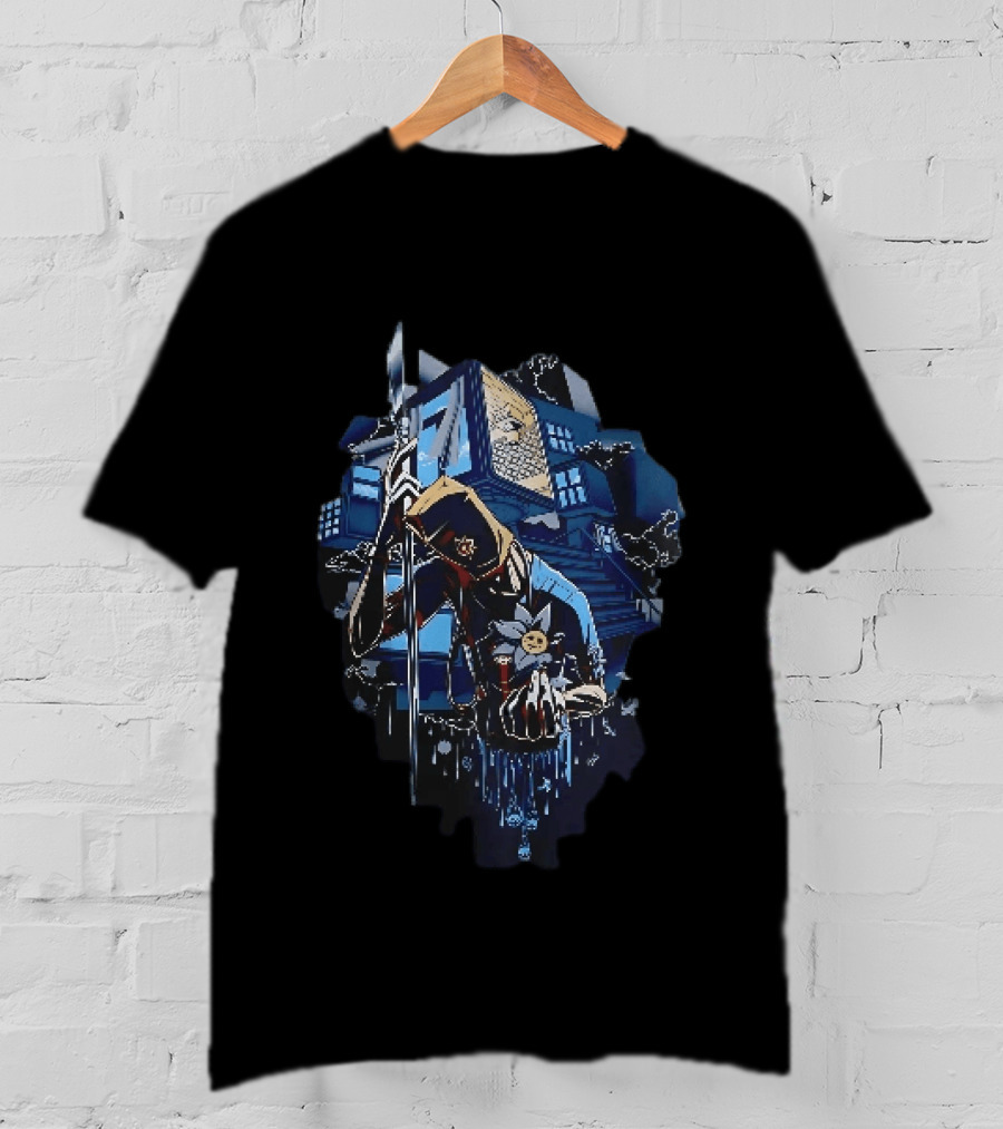 Masked Figure With Spear And Smiling Flower By Mysterious Floating House T-Shirt